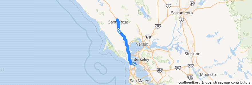 Mapa del recorrido Golden Gate Transit 72: San Francisco => Santa Rosa (evenings) de la línea  en カリフォルニア州.