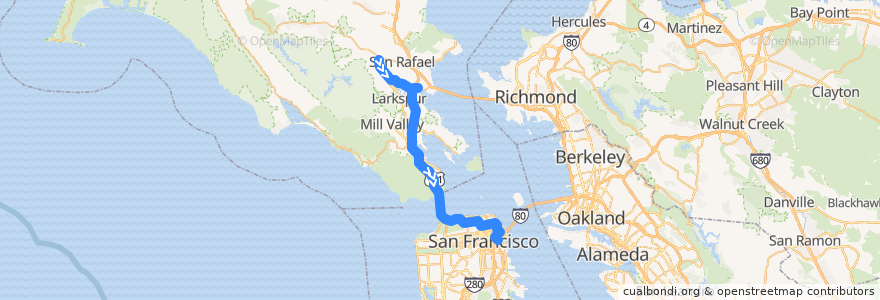 Mapa del recorrido Golden Gate Transit 24: San Anselmo => Larkspur Ferry Terminal => San Francisco (early mornings) de la línea  en Californie.