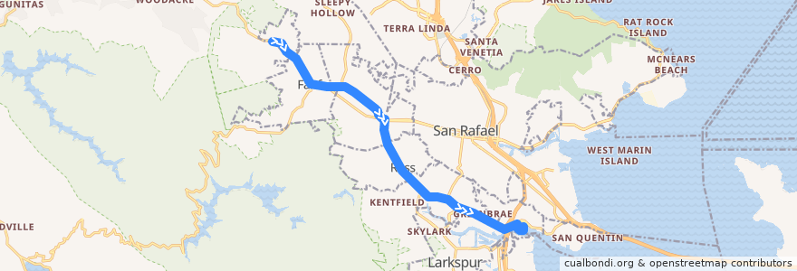 Mapa del recorrido Golden Gate Transit 25: Manor => Larkspur Ferry Terminal (mornings) de la línea  en Marin County.