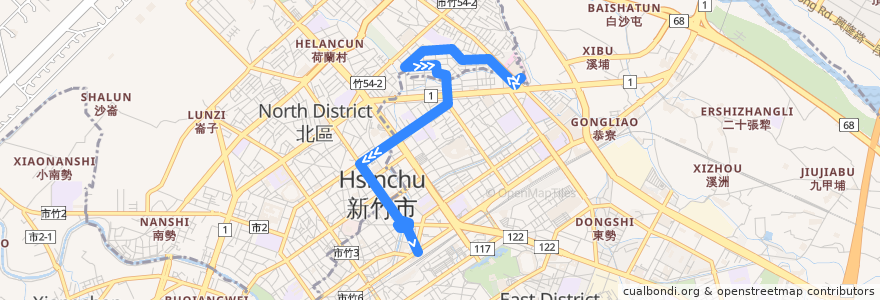 Mapa del recorrido 16 台大分院→火車站 de la línea  en Hsinchu.