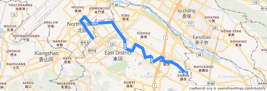 Mapa del recorrido 52支 新莊車站→市政府（經建功路）(繞國軍新竹醫院) de la línea  en Hsinchu.