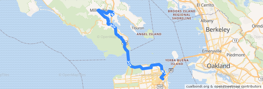 Mapa del recorrido Golden Gate Transit 4: Strawberry => Mill Valley => San Francisco (midday and evenings) de la línea  en Kalifornien.