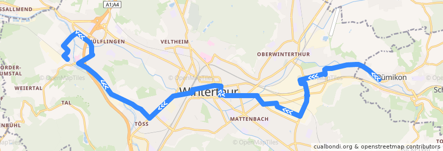 Mapa del recorrido Bus 7: Elsau Melcher → Bahnhof Wülflingen de la línea  en Winterthur.