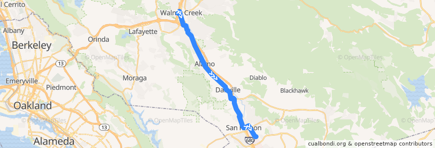 Mapa del recorrido County Connection 21: Walnut Creek BART => San Ramon Transit Center de la línea  en Contra Costa County.