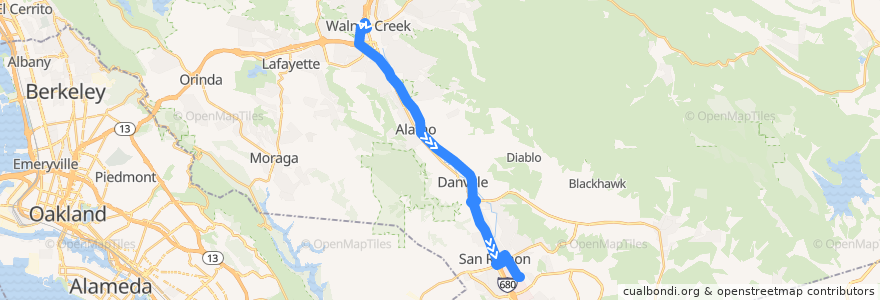 Mapa del recorrido County Connection 95X: Walnut Creek BART => Danville Park & Ride => San Ramon Transit Center de la línea  en Contra Costa County.