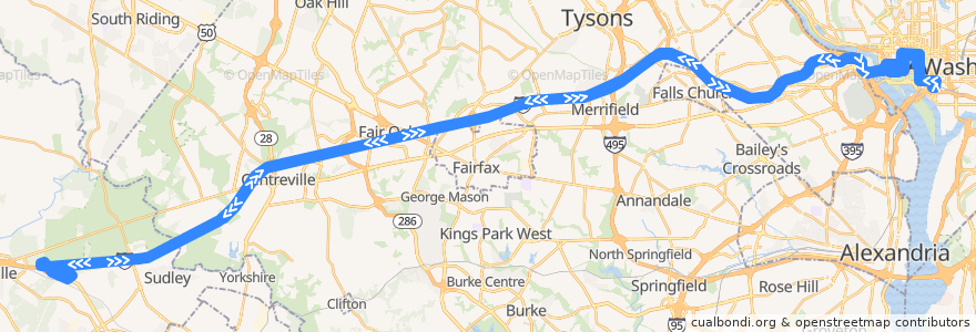 Mapa del recorrido PRTC G-100 Gainesville-Washington OmniRide de la línea  en Virginia.