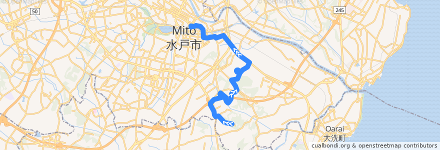 Mapa del recorrido 茨城交通バス55系統 常盤の杜中央⇒石川会館・百合が丘団地・水戸中央病院⇒水戸駅 de la línea  en 水戶市.