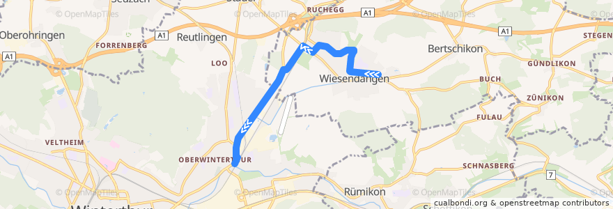 Mapa del recorrido Bus 610: Wiesendangen Hinterdorf → Bahnhof Oberwinterthur de la línea  en Bezirk Winterthur.