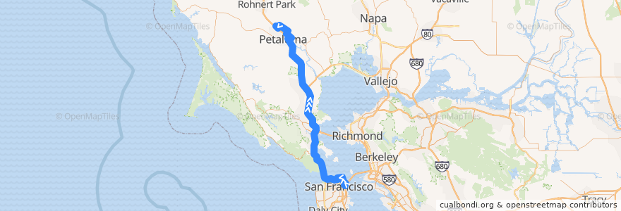 Mapa del recorrido Golden Gate Transit 76: San Francisco => East Petaluma (evenings) de la línea  en カリフォルニア州.
