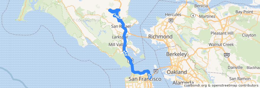 Mapa del recorrido Golden Gate Transit 38A: San Francisco => Lucas Valley => Marinwood (evenings) de la línea  en Califórnia.