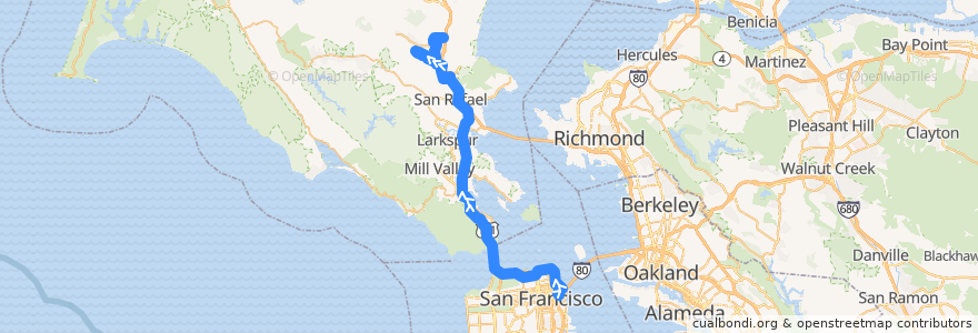 Mapa del recorrido Golden Gate Transit 38: San Francisco => Terra Linda => Marinwood (evenings) de la línea  en 加利福尼亚州/加利福尼亞州.