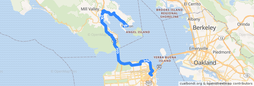 Mapa del recorrido Golden Gate Transit 8: Tiburon => San Francisco (mornings) de la línea  en California.
