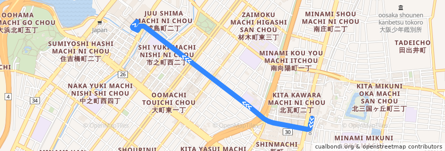 Mapa del recorrido 0: 堺東駅前-堺駅前 de la línea  en 堺区.