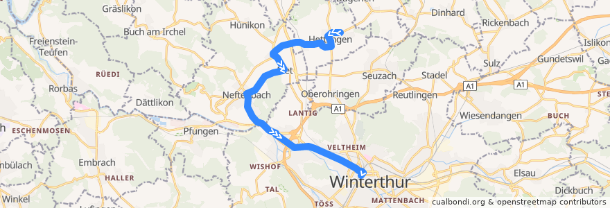 Mapa del recorrido Bus 671: Hettlingen, Föhrenstrasse => Winterthur, Museumstrasse/HB de la línea  en Bezirk Winterthur.