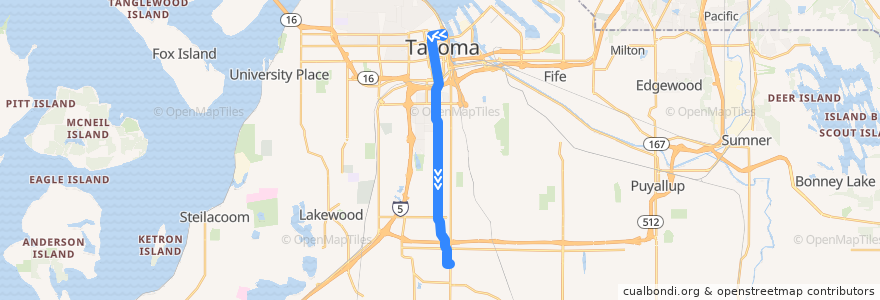 Mapa del recorrido Pierce Transit Route 45 Yakima de la línea  en Pierce County.