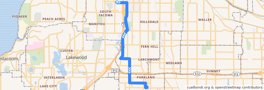 Mapa del recorrido Pierce Transit Route 55 Tacoma Mall-Parkland de la línea  en Pierce County.
