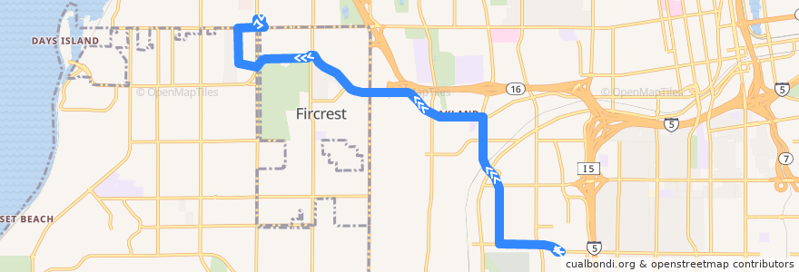 Mapa del recorrido Pierce Transit Route 52 Fircrest-TCC de la línea  en Pierce County.
