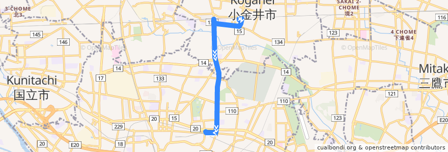 Mapa del recorrido 府75 de la línea  en 東京都.