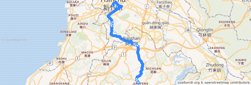 Mapa del recorrido 5602 三峰→新竹(經雙溪) de la línea  en 中華民國12浬領海外界線.