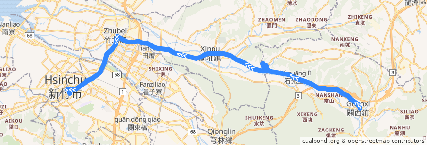 Mapa del recorrido 5619 關西→新竹(經犁頭山)（繞駛關西營區） de la línea  en Condado de Hsinchu.