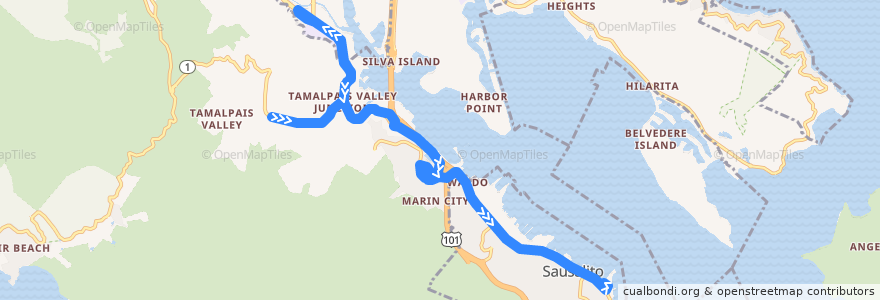 Mapa del recorrido West Marin Stagecoach 61: Bolinas => Sausalito de la línea  en Marin County.