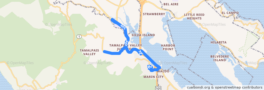 Mapa del recorrido West Marin Stagecoach 61: Marin City => Stinson Beach Parking Lot => Bolinas de la línea  en Marin County.