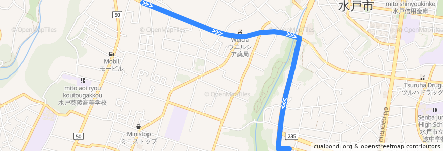 Mapa del recorrido 関東鉄道バス 湖南住宅前⇒千波小学校前 de la línea  en 水戸市.