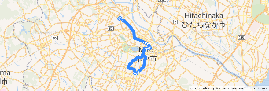 Mapa del recorrido 茨城交通バス8系統 茨大前営業所⇒本郷・払沢循環（本郷先回り・文化センター非経由） de la línea  en Mito.