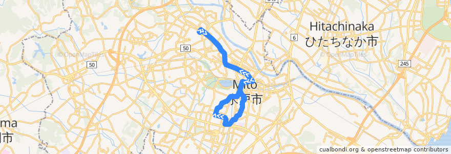 Mapa del recorrido 茨城交通バス8系統 茨大前営業所⇒本郷・払沢循環（払沢先回り・文化センター非経由） de la línea  en 水戸市.