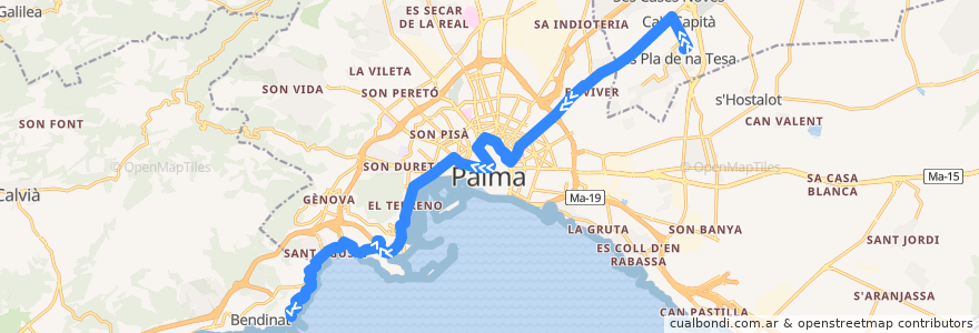 Mapa del recorrido Bus 3: Pla de Na Tesa → Illetes de la línea  en Palma.