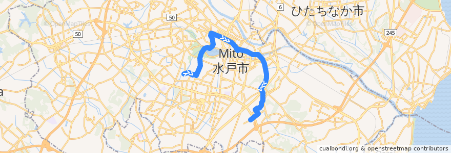 Mapa del recorrido 関東鉄道バス ときわ台団地⇒水戸駅⇒けやき台団地 de la línea  en 水戸市.