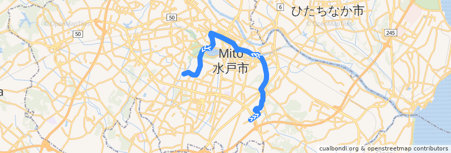 Mapa del recorrido 関東鉄道バス けやき台団地⇒水戸駅⇒ときわ台団地 de la línea  en 水戸市.