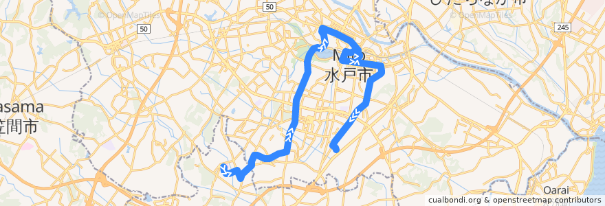 Mapa del recorrido 関東鉄道バス 水戸医療センター⇒明光台団地入口・水戸駅・水戸駅南口⇒吉沢車庫 de la línea  en 水戸市.