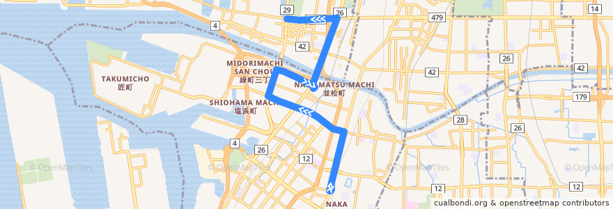 Mapa del recorrido A1: 堺東駅前-住之江公園駅前 de la línea  en Préfecture d'Osaka.