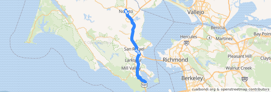 Mapa del recorrido Marin Transit 71X: Novato => Sausalito de la línea  en Marin County.