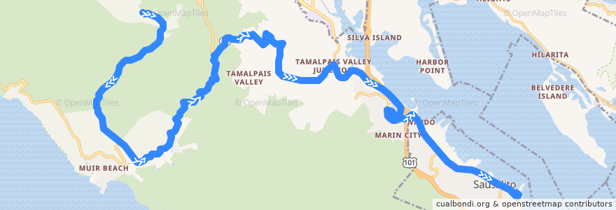 Mapa del recorrido Muir Woods Shuttle 66F: Muir Woods => Sausalito de la línea  en Marin County.