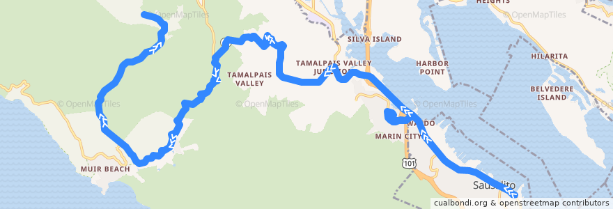 Mapa del recorrido Muir Woods Shuttle 66F: Sausalito => Muir Woods de la línea  en Marin County.