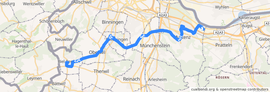 Mapa del recorrido Bus 60: Muttenz, Novartis => Biel-Benken BL, Brücke de la línea  en Bezirk Arlesheim.