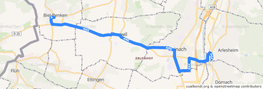 Mapa del recorrido Bus 62: Dornach, Bahnhof => Biel-Benken BL, Brücke de la línea  en Bezirk Arlesheim.