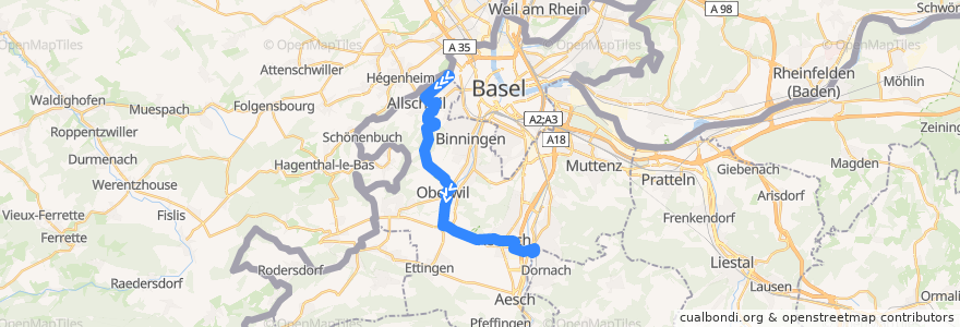 Mapa del recorrido Bus 64: Basel, Bachgraben => Dornach, Bahnhof de la línea  en Bezirk Arlesheim.