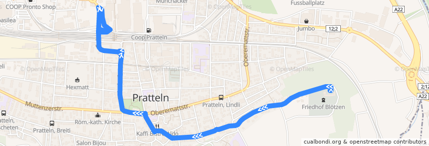 Mapa del recorrido Bus 82: Friedhof Blözen => Pratteln, Bahnhof Nord de la línea  en Pratteln.