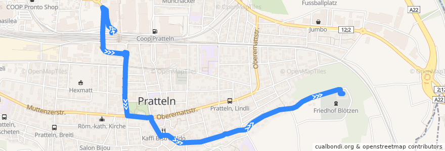 Mapa del recorrido Bus 82: Pratteln, Bahnhof Nord => Friedhof Blözen de la línea  en Pratteln.