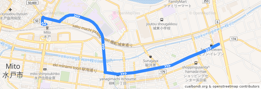 Mapa del recorrido 茨城交通バス 水戸駅⇒東台⇒浜田営業所 de la línea  en 水戸市.