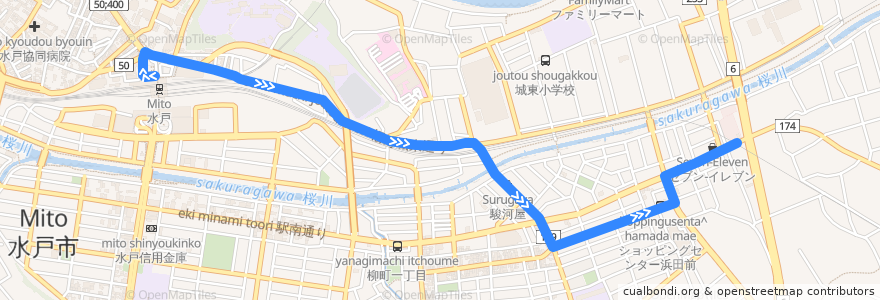 Mapa del recorrido 茨城交通バス 水戸駅⇒竹隈町⇒浜田営業所 de la línea  en 水戸市.