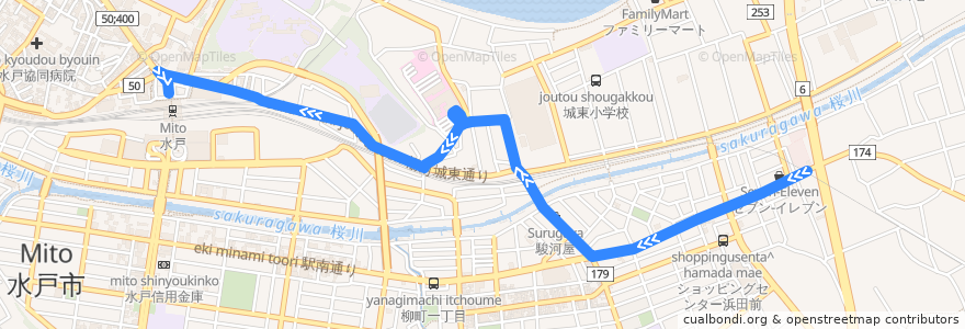 Mapa del recorrido 茨城交通バス 浜田営業所⇒東台・竹隈町・日赤病院⇒水戸駅 de la línea  en 水戶市.