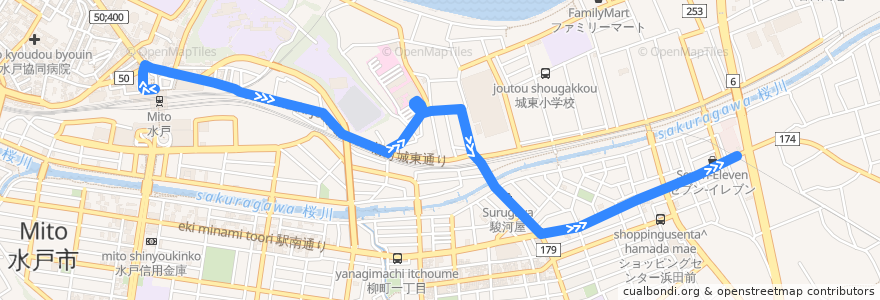 Mapa del recorrido 茨城交通バス 水戸駅⇒日赤病院・竹隈町・東台⇒浜田営業所 de la línea  en 水戸市.