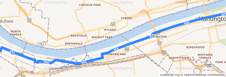 Mapa del recorrido Bus 1: TTA Center -> Ceredo/Kenova de la línea  en 웨스트버지니아.