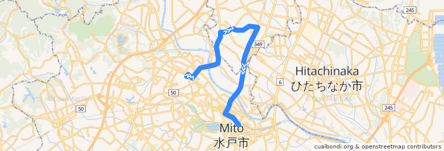 Mapa del recorrido 茨城交通バス26系統 茨大前営業所⇒水農前・茨城女子短大・那珂高校⇒水戸駅 de la línea  en إيباراكي.