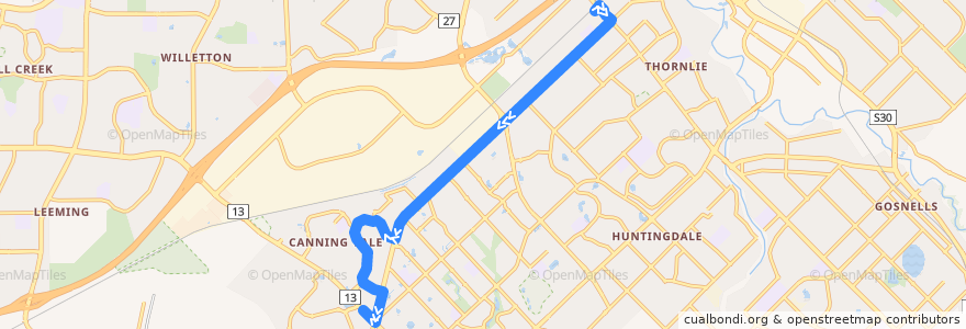 Mapa del recorrido Bus 207 L: Thornlie Station → Livingston Marketplace de la línea  en Western Australia.