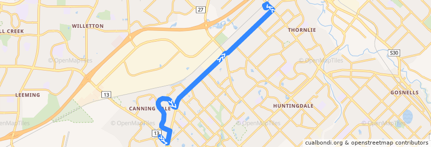 Mapa del recorrido Bus 207 L: Livingston Marketplace → Thornlie Station de la línea  en Austrália Ocidental.